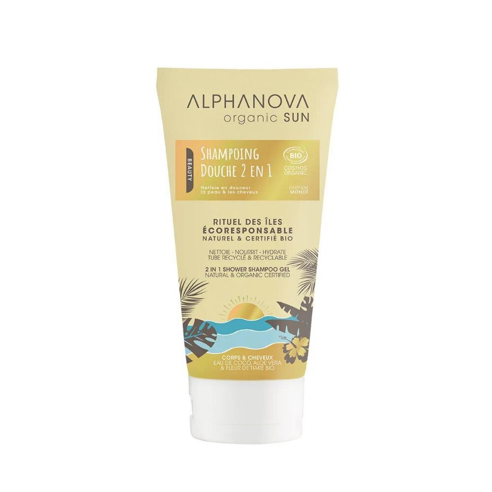 Alphanova Sun 2in1 päevitusjärgne monoi lõhnaline juukseid ja keha hooldav šampoon-dušigeel, 150 ml цена и информация | Dušigeelid, õlid | kaup24.ee