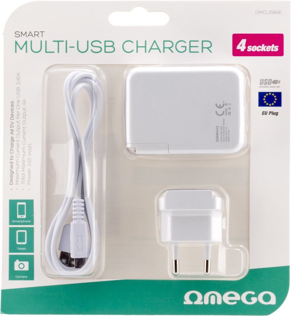 Omega USB laadija 4xUSB EU + kaabel, valge (42672) цена и информация | Mobiiltelefonide laadijad | kaup24.ee