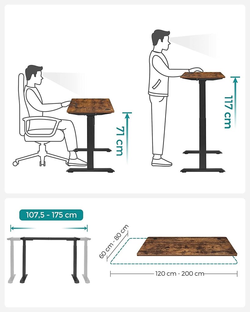 Songmics elektriliselt reguleeritava kõrgusega laud, 60x120 cm, pruun/must hind ja info | Arvutilauad, kirjutuslauad | kaup24.ee