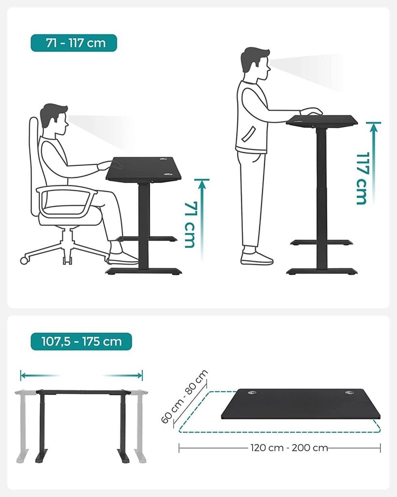 Songmics elektriliselt reguleeritava kõrgusega laud, 60x120 cm, must hind ja info | Arvutilauad, kirjutuslauad | kaup24.ee
