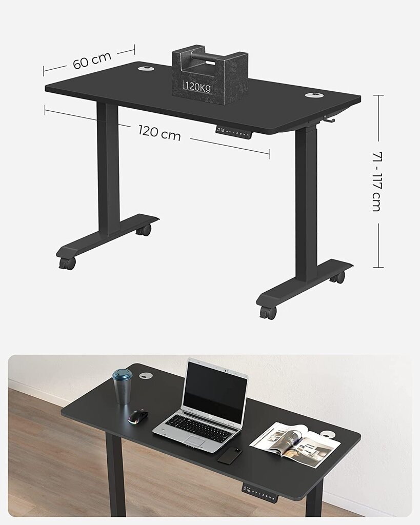 Songmics elektriliselt reguleeritava kõrgusega laud, 60x120 cm, must цена и информация | Arvutilauad, kirjutuslauad | kaup24.ee