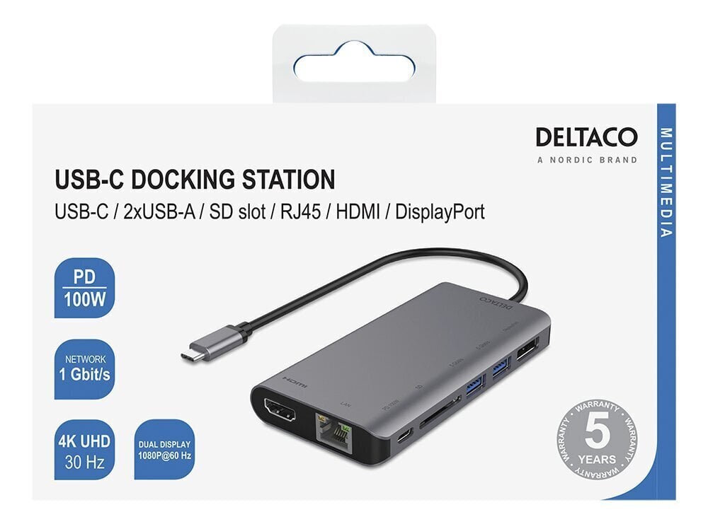 Jaotur Deltaco USBC-HDMI19 USB-C/HDMI/DisplayPort/USB/RJ45/SD hind ja info | USB jagajad, adapterid | kaup24.ee