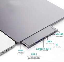 HomeSpot USB-jaotur MacBook Pro 2016/2017 jaoks, USB-C, HDMI, SD/Micro, USB-A, hall цена и информация | Адаптеры и USB-hub | kaup24.ee