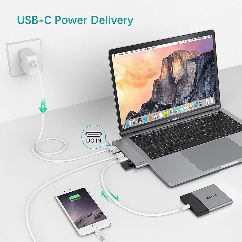 HomeSpot USB-jaotur MacBook Pro 2016/2017 jaoks, USB-C, HDMI, SD/Micro, USB-A, hall hind ja info | USB jagajad, adapterid | kaup24.ee