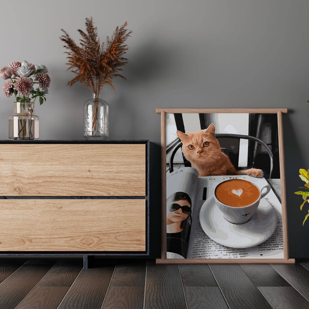 Maalimine numbrite järgi - maalimise komplekt 40x50 cm. "Cat with cappuccino" hind ja info | Maalid numbri järgi | kaup24.ee