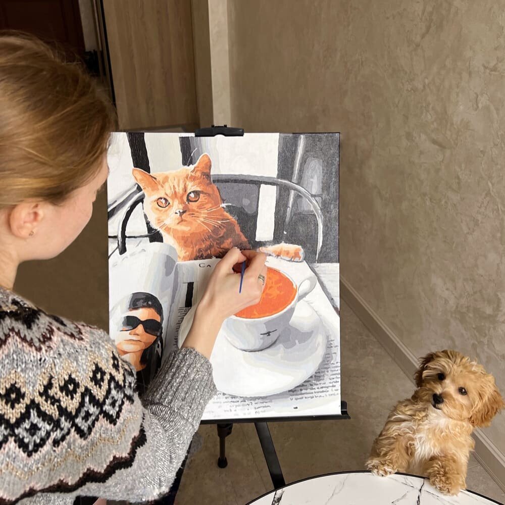 Maalimine numbrite järgi - maalimise komplekt 40x50 cm. "Cat with cappuccino" hind ja info | Maalid numbri järgi | kaup24.ee