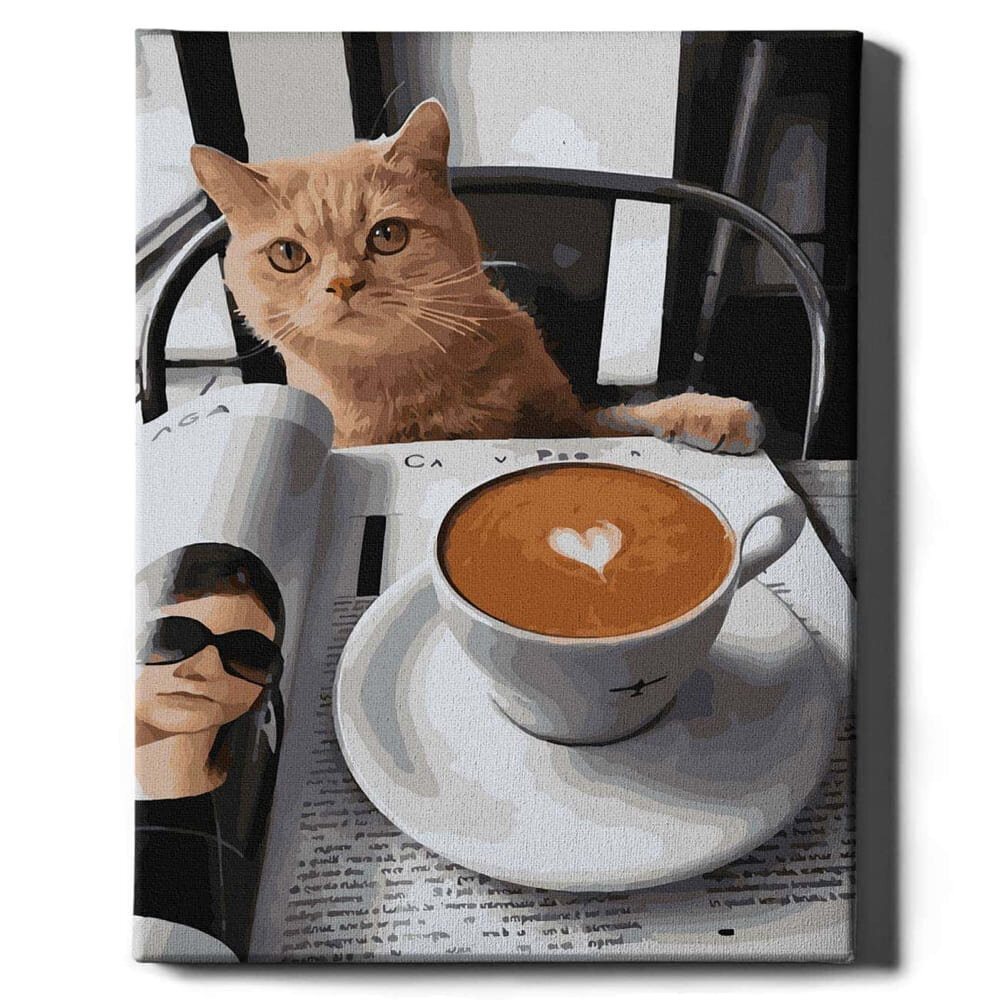 Maalimine numbrite järgi - maalimise komplekt 40x50 cm. "Cat with cappuccino" hind ja info | Maalid numbri järgi | kaup24.ee