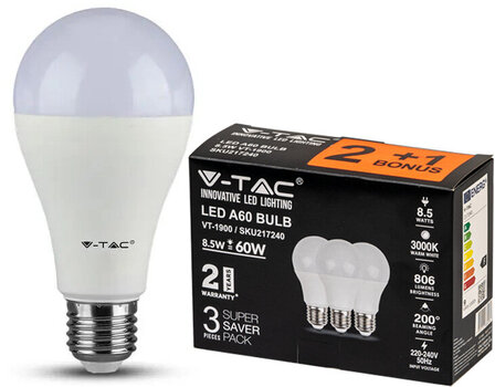 LED lamp 3-pakk, E27/A60/8,5W/806lm/3000K hind ja info | Lambipirnid, lambid | kaup24.ee