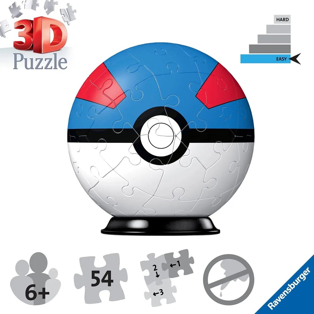 Ravensburger Pokemon Suurepärane pall - 3D Jigsaw Pulze Ball lastele, kes olid 6 -aastased - 54 tükki - pole vajalik liim hind ja info | Pusled | kaup24.ee