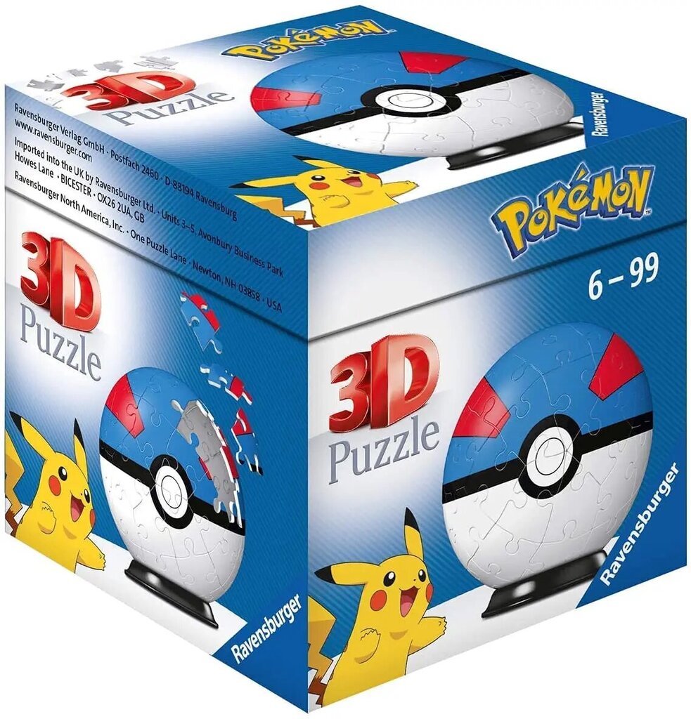 Ravensburger Pokemon Suurepärane pall - 3D Jigsaw Pulze Ball lastele, kes olid 6 -aastased - 54 tükki - pole vajalik liim hind ja info | Pusled | kaup24.ee