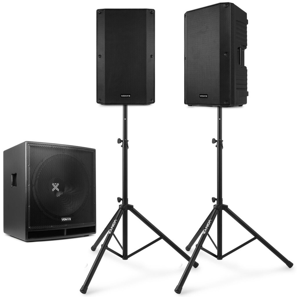 Akustiline süsteem 2.1 3200W: Vonyx VSA12 aktiivkõlar 12" 800W - 2 tk ja SWP15 Pro Aktiivne subwoofer 15" / 800W ja alused koos koti ja kaabliga PD-Connex 6m - 2 tk hind ja info | Koduaudio ja "Soundbar" süsteemid | kaup24.ee