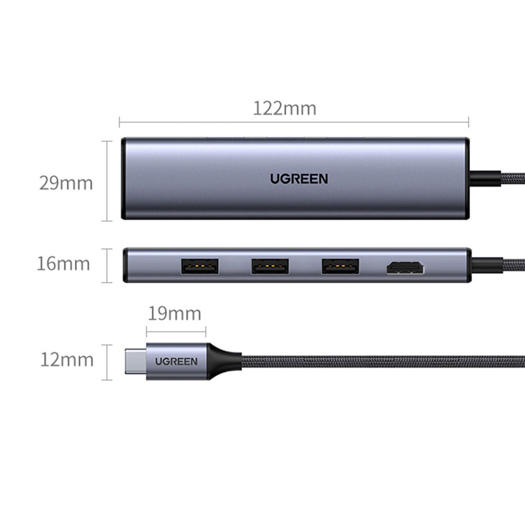 Adapter Ugreen HUB 5in1 CM475 USB C - 3x USB 3.0 / HDMI / RJ45 цена и информация | USB jagajad, adapterid | kaup24.ee