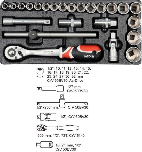 Mutrivõtmete komplekt YATO DRAWER INSERT 1/2" 24 tk. 5537 цена и информация | Käsitööriistad | kaup24.ee