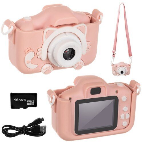 Laste digitaalne kaamera kassike +16GB miniSD kaart, roosa цена и информация | Arendavad mänguasjad | kaup24.ee