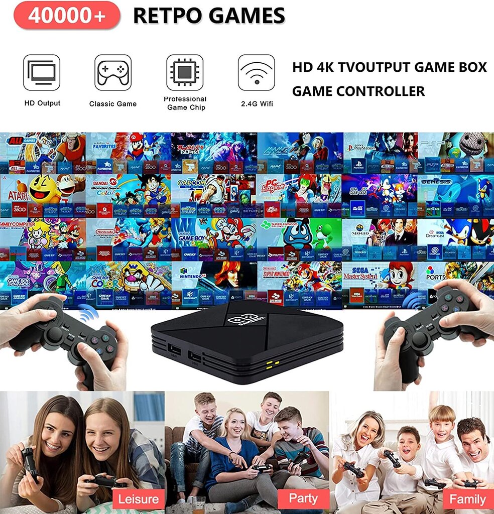 Videomängukonsool HappyJoe G5 4K Wireless TV mängukonsool, 64GB, 40000+ mängu, toetab Playstation/GameBoy/Nintento64, Android TV hind ja info | Mängukonsoolid | kaup24.ee