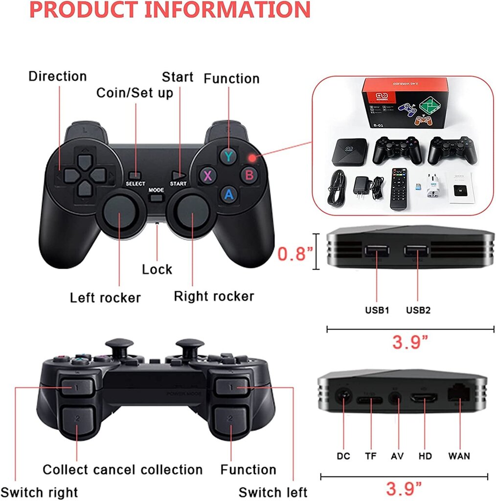 Videomängukonsool HappyJoe G5 4K Wireless TV mängukonsool, 64GB, 40000+ mängu, toetab Playstation/GameBoy/Nintento64, Android TV цена и информация | Mängukonsoolid | kaup24.ee