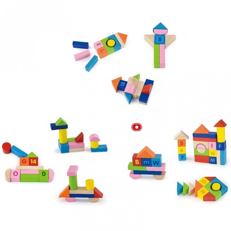 Puuklotsid Viga, tähed ja numbrid, 100 tk. hind ja info | Imikute mänguasjad | kaup24.ee