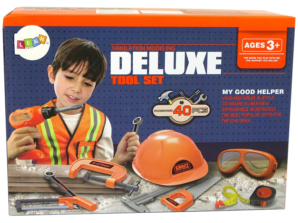 Suur tööriistakomplekt, seljakott, kiiver, oranžid kaitseprillid, 40 eset цена и информация | Poiste mänguasjad | kaup24.ee