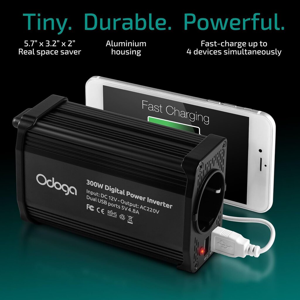 Odoga auto inverter, pingemuundur, 300W, 12-110V, 4.8A USB, must hind ja info | Muundurid, inverterid | kaup24.ee