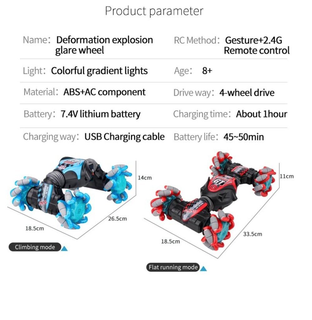 RC trikiauto auto maastikusõiduk muusika, LED-valgustuse ja käeliigutusega juhtimisega Twisted Stunt Car цена и информация | Poiste mänguasjad | kaup24.ee