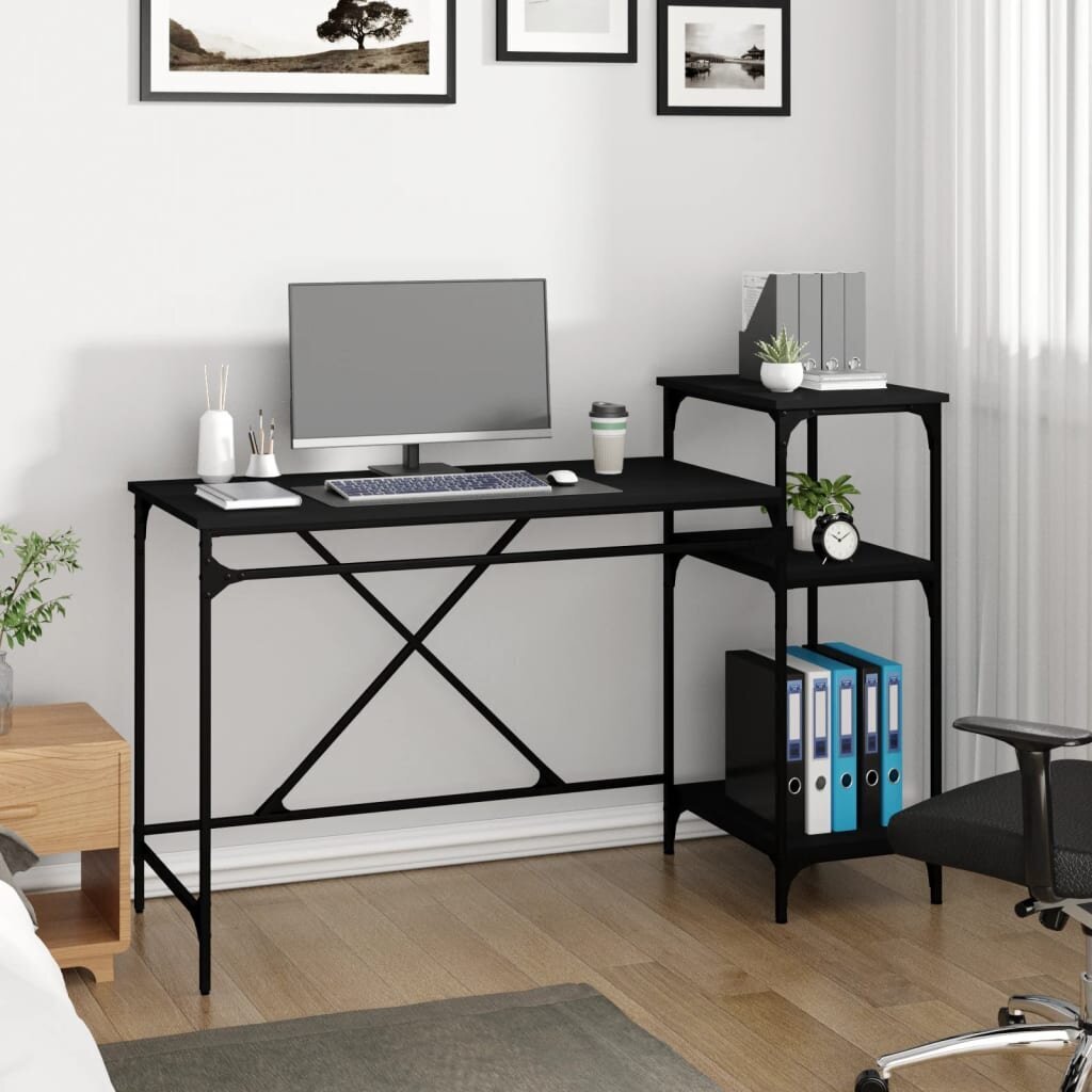 vidaXL riiulitega kirjutuslaud, must, 135 x 50 x 90 cm, tehispuit/raud hind ja info | Arvutilauad, kirjutuslauad | kaup24.ee