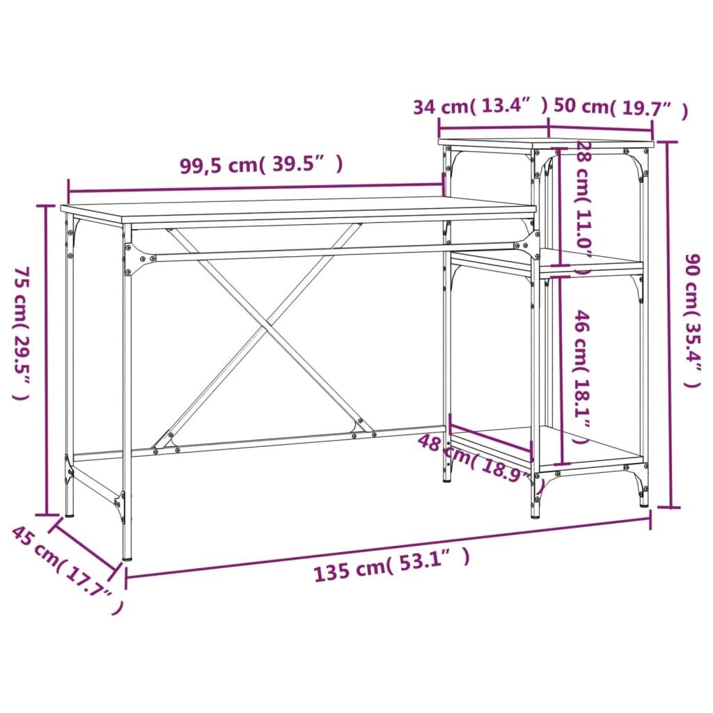 vidaXL riiulitega kirjutuslaud, pruun tamm, 135 x 50 x 90 cm цена и информация | Arvutilauad, kirjutuslauad | kaup24.ee