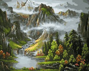 Maalimine numbrite järgi - maalimise komplekt 40x50 cm. "Mountain Lake" hind ja info | Maalid numbri järgi | kaup24.ee