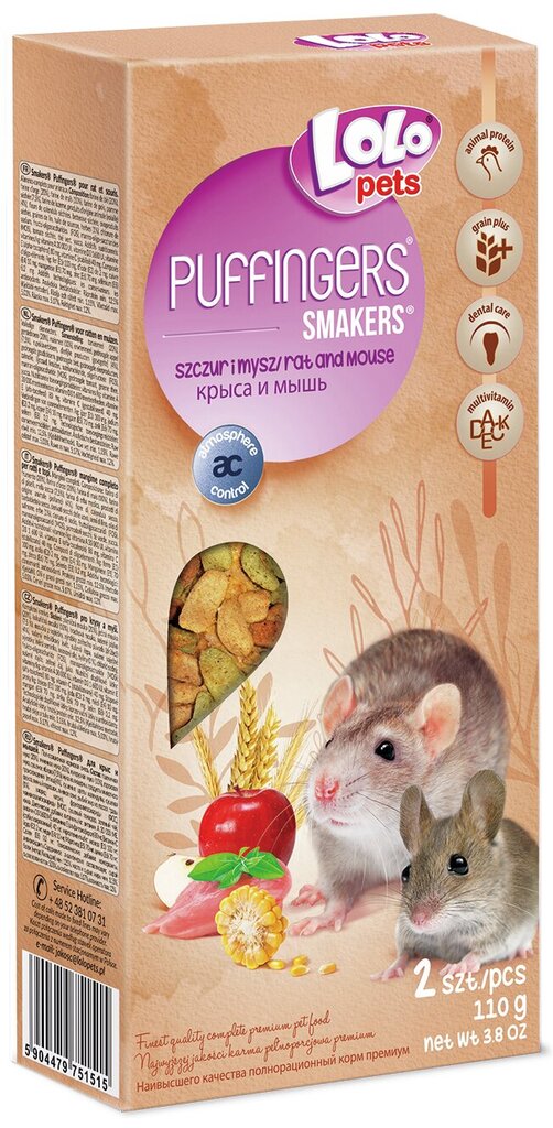 LoLo Pets Puffingers närimispulgad rottidele ja hiirtele 2tk 110g цена и информация | Toit väikeloomadele | kaup24.ee