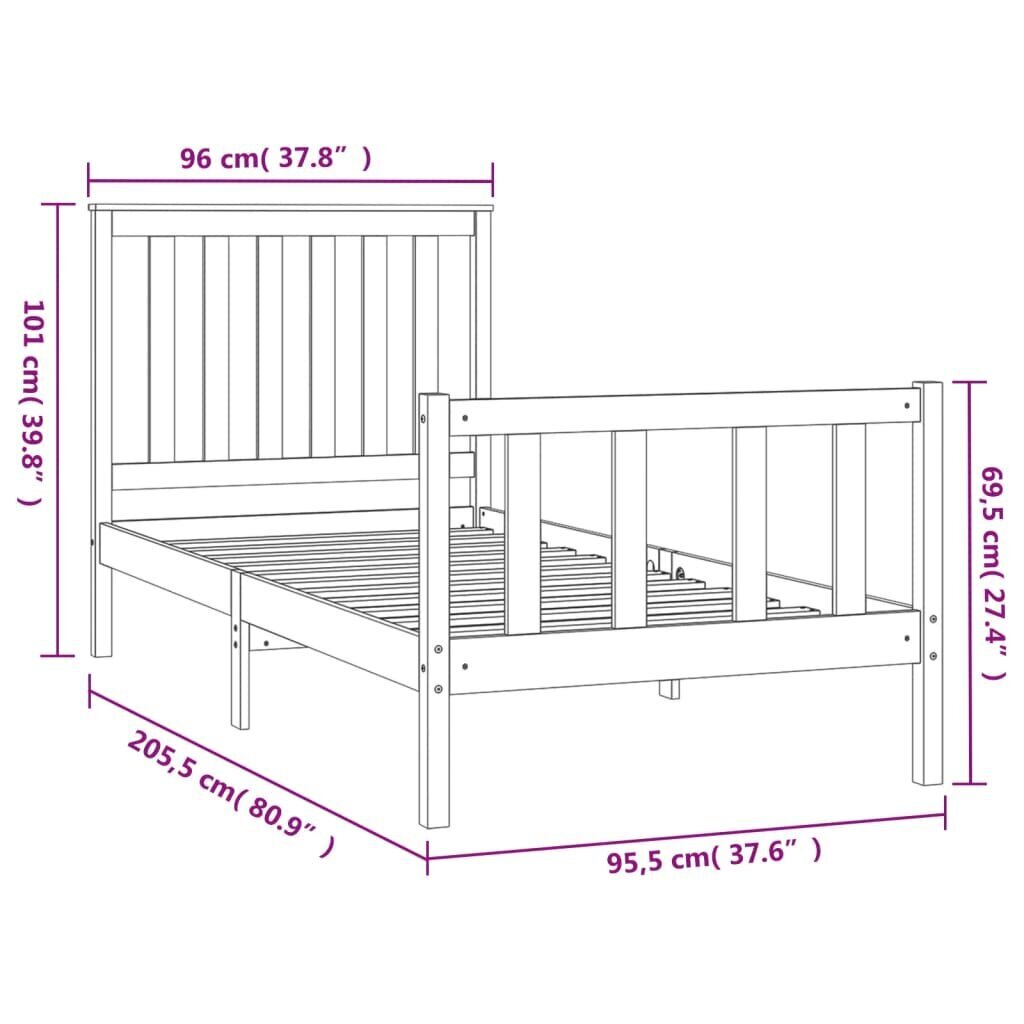 vidaXL voodiraam peatsiga, valge, 90 x 200 cm, männipuit цена и информация | Voodid | kaup24.ee