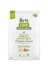 Brit Care Sustainable Adult Medium Breed Chicken&Insect koeratoit 3kg hind ja info | Kuivtoit koertele | kaup24.ee