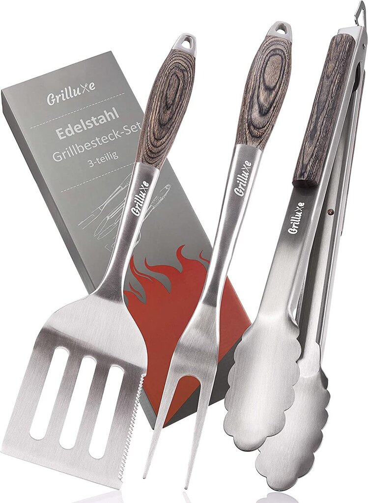 Grilluxe Premium grillsöögiriistade komplekt, lihakahvel + tangid + spaatel, 3 tk. hind ja info | Grillitarvikud ja grillnõud | kaup24.ee