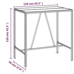 vidaXL baarilaud klaasplaadiga, pruun, 110 x 70 x 110 cm, polürotang цена и информация | Садовые столы и столики | kaup24.ee