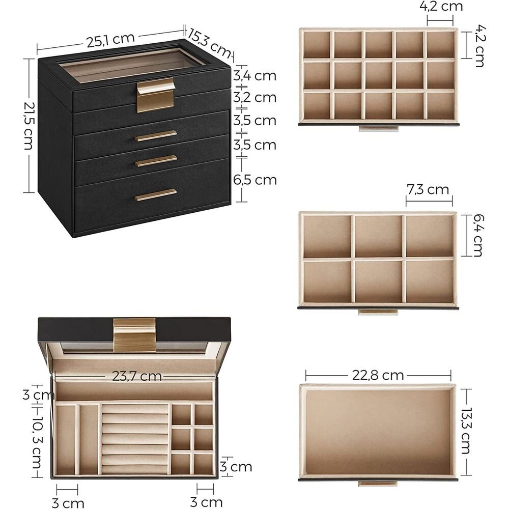 Ehtekarp klaasist kaane ja 3 sahtliga, must, 15 x 25 x 21 cm hind ja info | Sisustuselemendid | kaup24.ee