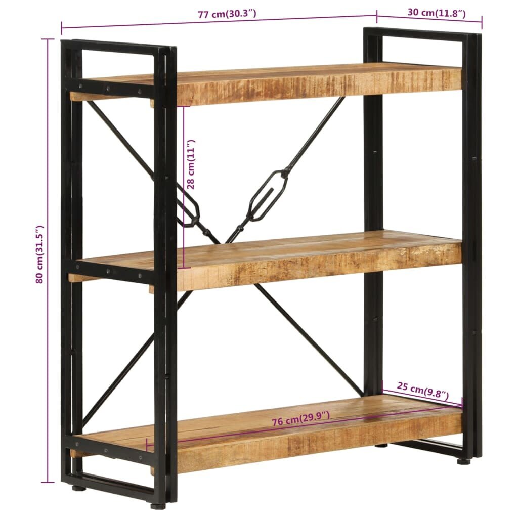 vidaXL 3 riiuliga raamaturiiul, 77 x 30 x 80 cm, mangopuit ja raud цена и информация | Riiulid | kaup24.ee