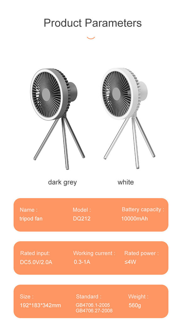 Juhtmeta ventilaator koos rõngastulega, laetav 10000 mAh, DQ212 hind ja info | Ventilaatorid | kaup24.ee