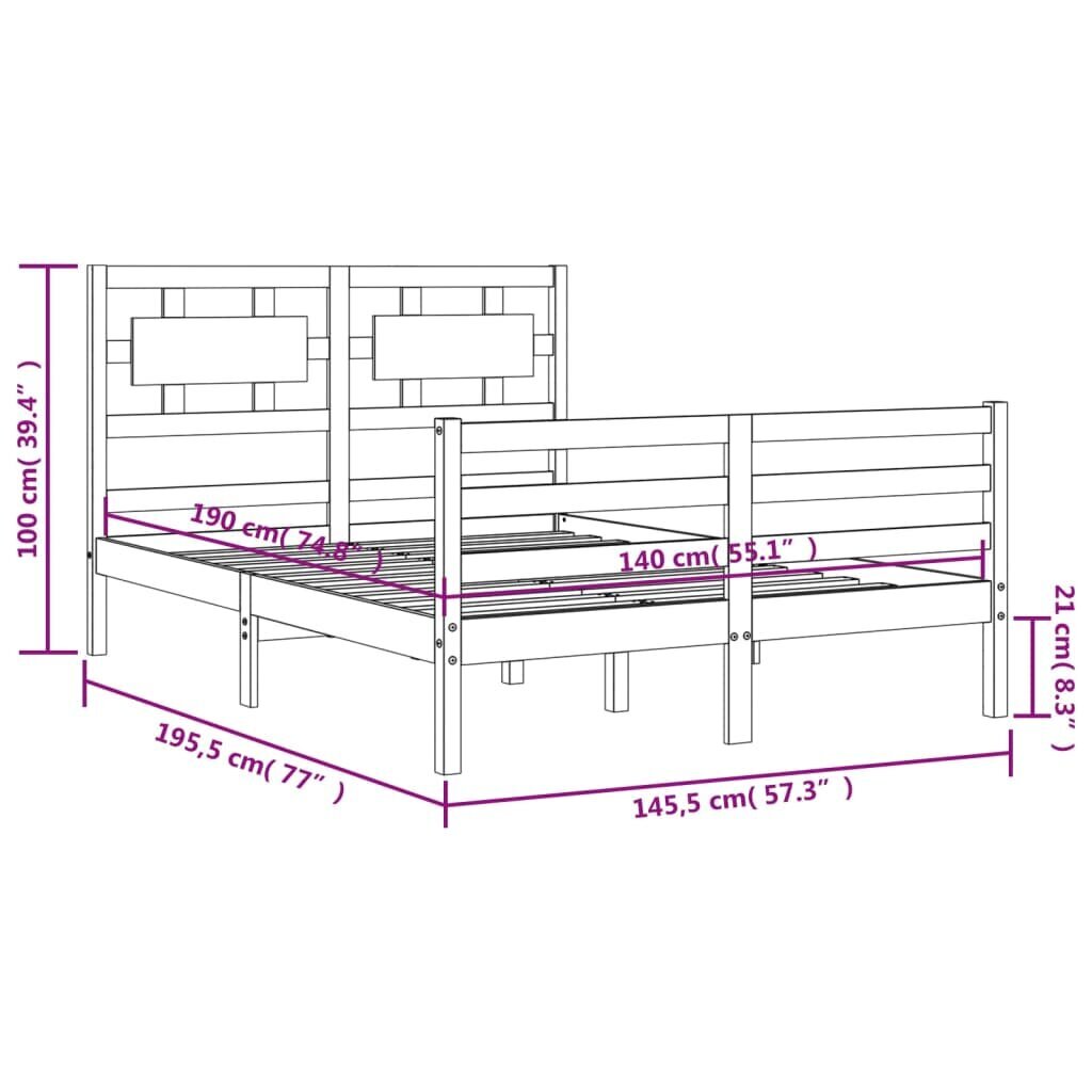 vidaXL voodiraam peatsiga, valge, 140 x 190 cm, täispuit hind ja info | Voodid | kaup24.ee