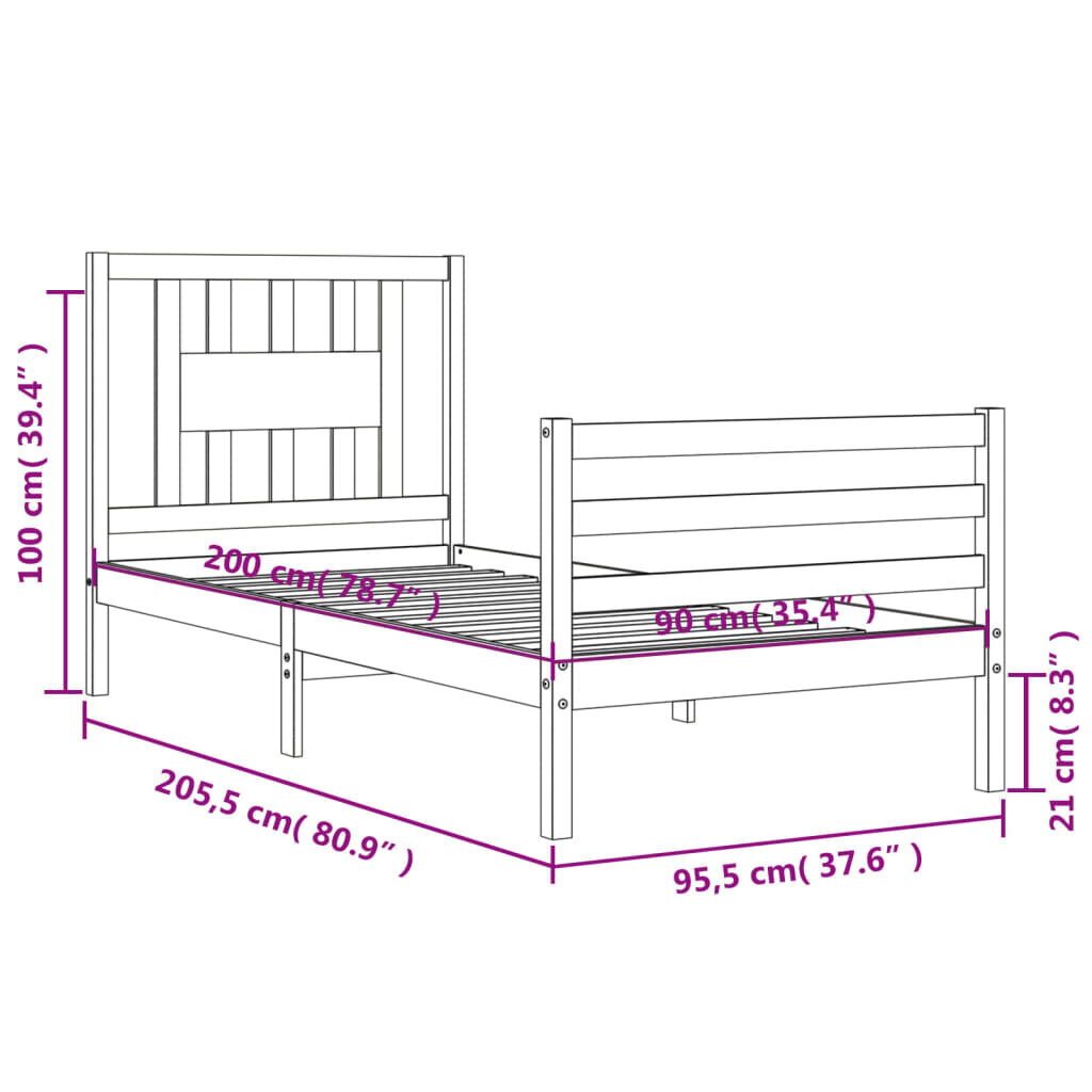 vidaXL voodiraam peatsiga, valge, 90 x 200 cm, täispuit hind ja info | Voodid | kaup24.ee