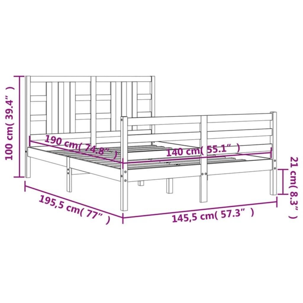 vidaXL voodiraam peatsiga, hall, 140 x 190 cm, täispuit цена и информация | Voodid | kaup24.ee