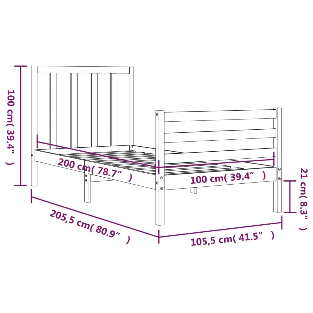 vidaXL voodiraam peatsiga, must, 100 x 200 cm, täispuit hind ja info | Voodid | kaup24.ee