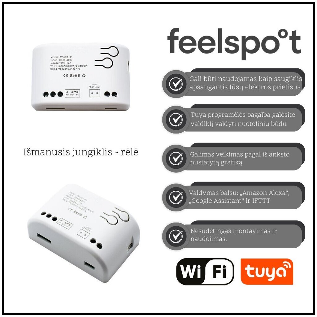 Nutilüliti - relee Feelspot FS-SRS02W RF, Wi-fi, Tuya hind ja info | Lülitid ja pistikupesad | kaup24.ee