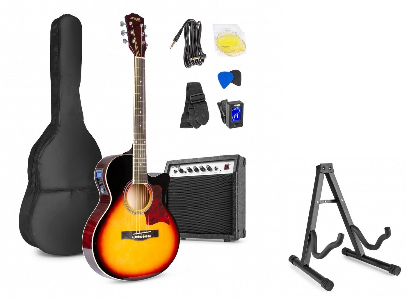 Max ShowKit Sunburst elektrilise akustilise kitarri komplekt koos kitarrialusega hind ja info | Kitarrid | kaup24.ee