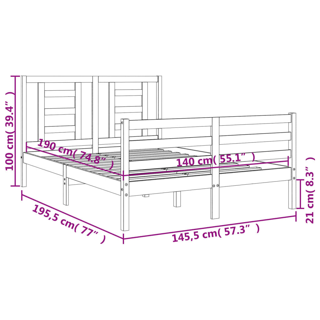 vidaXL voodiraam peatsiga, hall, 140 x 190 cm, täispuit hind ja info | Voodid | kaup24.ee