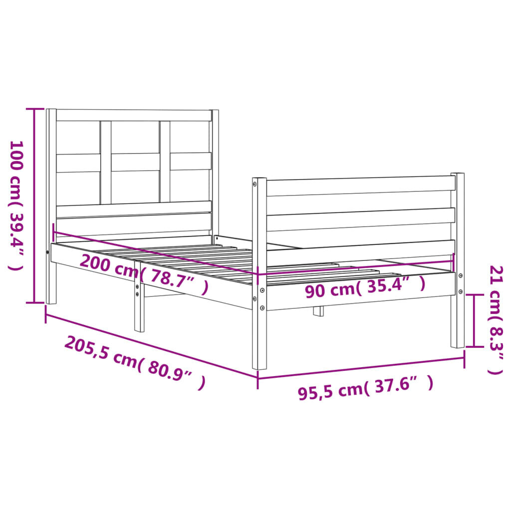 vidaXL voodiraam peatsiga, valge, 90 x 200 cm, täispuit цена и информация | Voodid | kaup24.ee