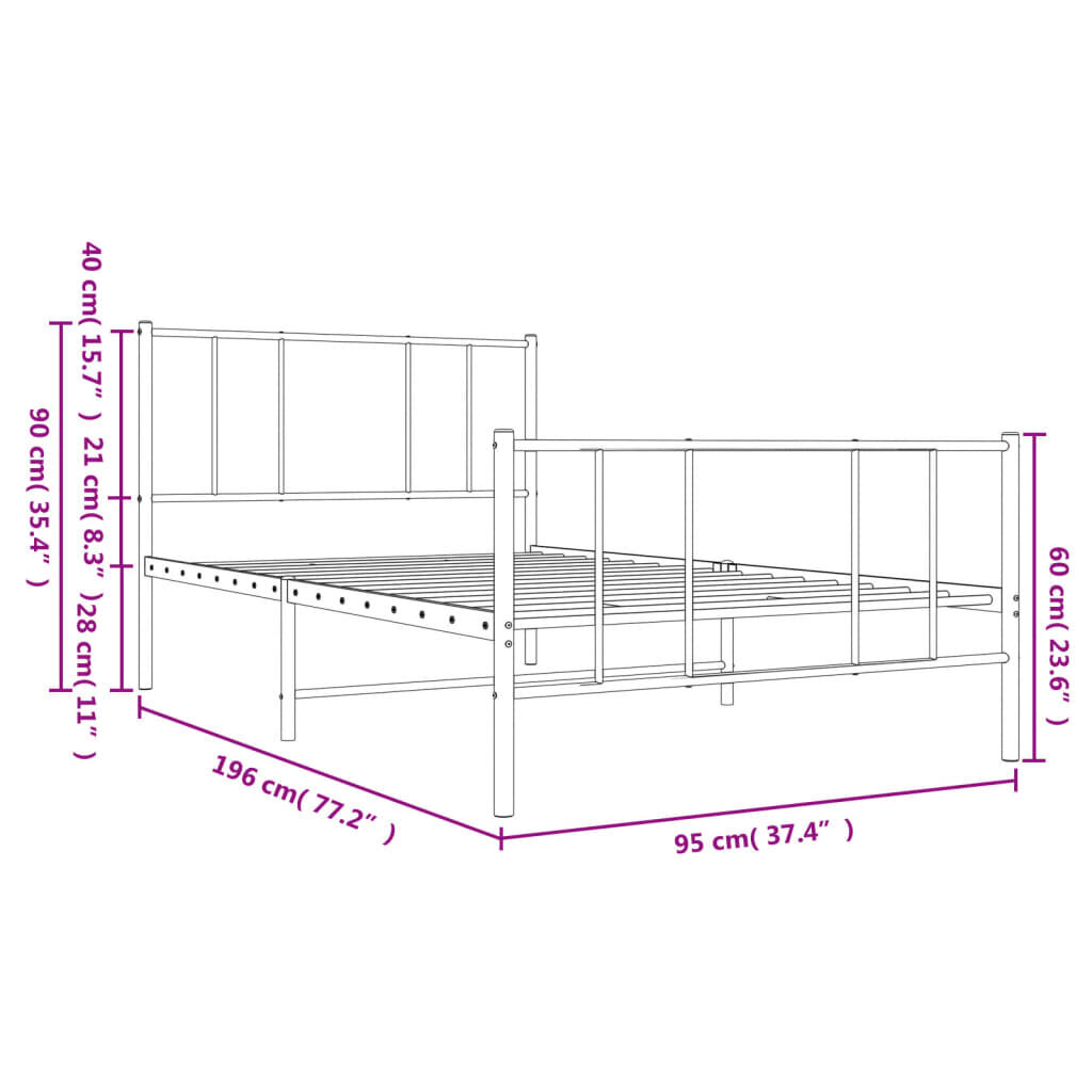 vidaXL metallist voodiraam peatsi ja jalutsiga, valge, 90 x 190 cm hind ja info | Voodid | kaup24.ee