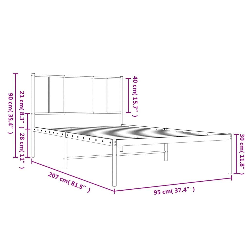 vidaXL metallist voodiraam peatsiga, valge, 90 x 200 cm hind ja info | Voodid | kaup24.ee