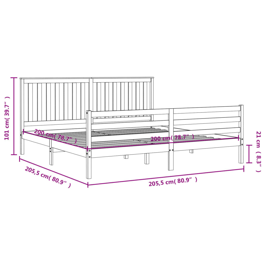 vidaXL voodiraam peatsiga, hall, 200 x 200 cm, täispuit hind ja info | Voodid | kaup24.ee