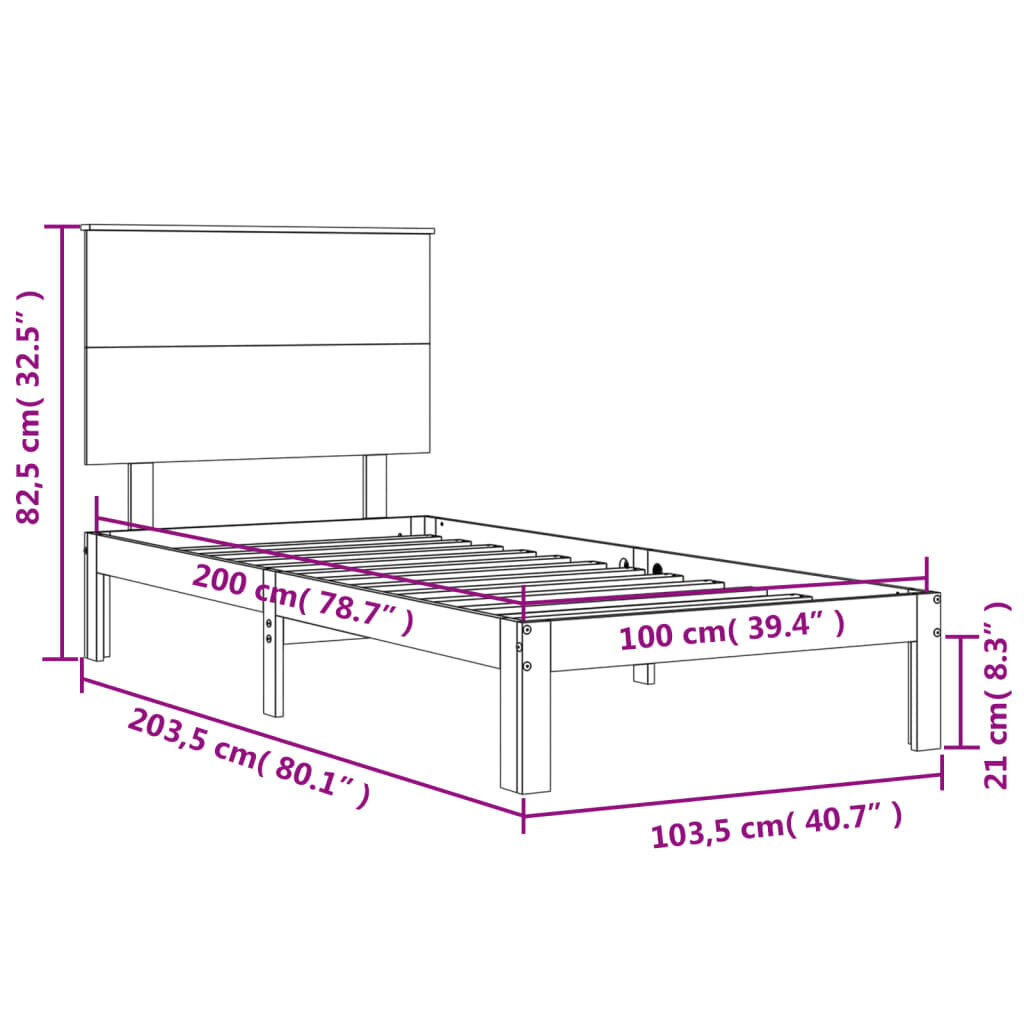 vidaXL voodiraam peatsiga, meepruun, 100 x 200 cm, täispuit hind ja info | Voodid | kaup24.ee