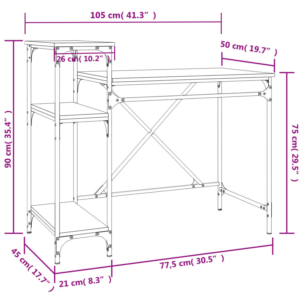 vidaXL riiulitega kirjutuslaud, suitsutatud tamm, 105x50x90 cm цена и информация | Arvutilauad, kirjutuslauad | kaup24.ee