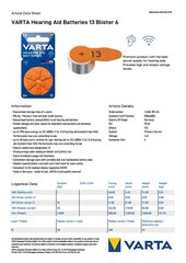 Батарейки для слуховых аппаратов 13 Varta, 60 шт цена и информация | Батерейки | kaup24.ee