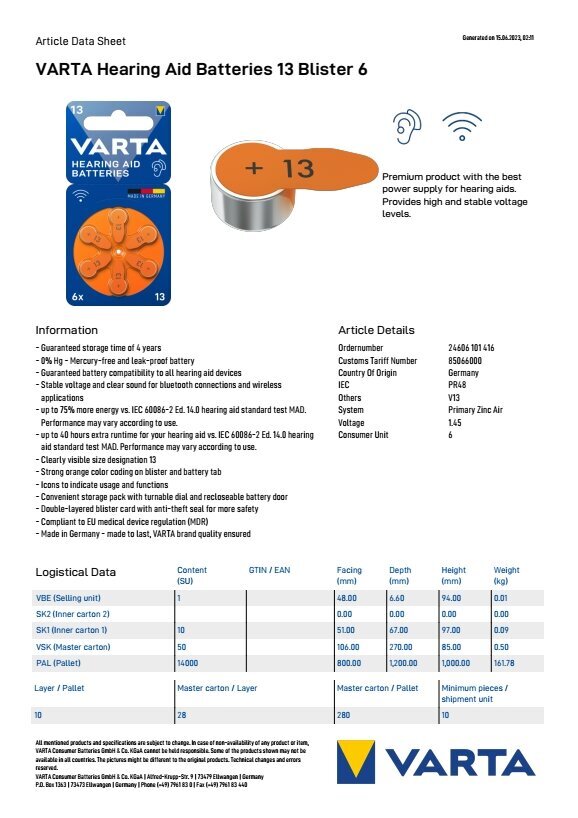 Kuuldeaparaadi elemendid 13 Varta, 60 tk цена и информация | Patareid | kaup24.ee